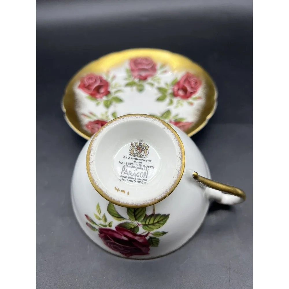 Vintage Paragon Floating Red Roses Gilded Tea Cup and Saucer England